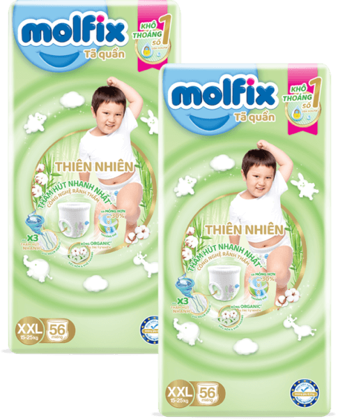 Combo 2 Tã quần Molfix Thiên Nhiên (XXL, 15 - 25kg, 56 miếng) (giao bao bì ngẫu nhiên)