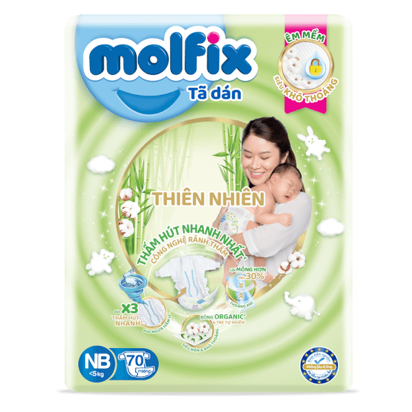 Bỉm tã dán Molfix thiên nhiên (Newborn,< 5kg, 70 miếng) (giao mẫu ngẫu nhiên)