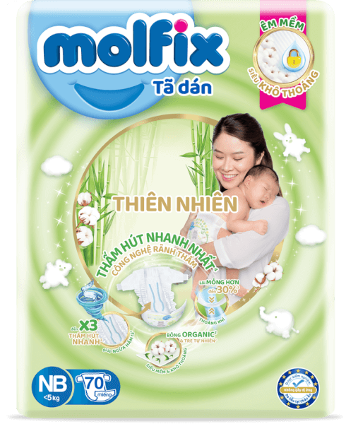 Bỉm tã dán Molfix thiên nhiên (Newborn,< 5kg, 70 miếng) (giao mẫu ngẫu nhiên)
