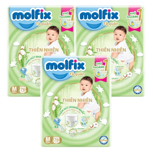 Combo 3 Bỉm tã quần Molfix thiên nhiên (M, 6-11kg, 76 miếng)