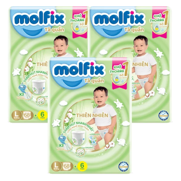 Combo 3 Bỉm tã quần Molfix thiên nhiên (L, 9-13kg, 68 miếng) (giao bao bì ngẫu nhiên)