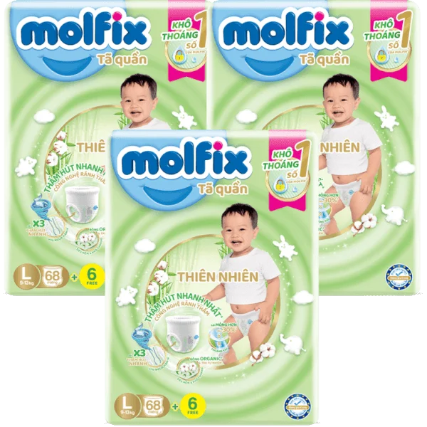 Combo 3 Bỉm tã quần Molfix thiên nhiên (L, 9-13kg, 68 miếng) (giao bao bì ngẫu nhiên)