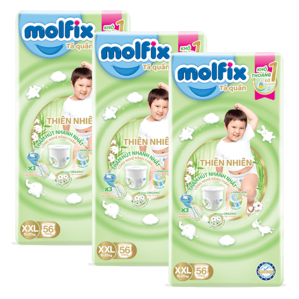 Combo 3 Bỉm tã quần Molfix thiên nhiên (XXL, 15-25kg, 56 miếng) (giao bao bì ngẫu nhiên)