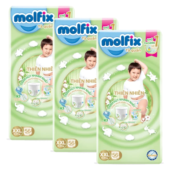 Combo 3 Bỉm tã quần Molfix thiên nhiên (XXL, 15-25kg, 56 miếng) (giao bao bì ngẫu nhiên)