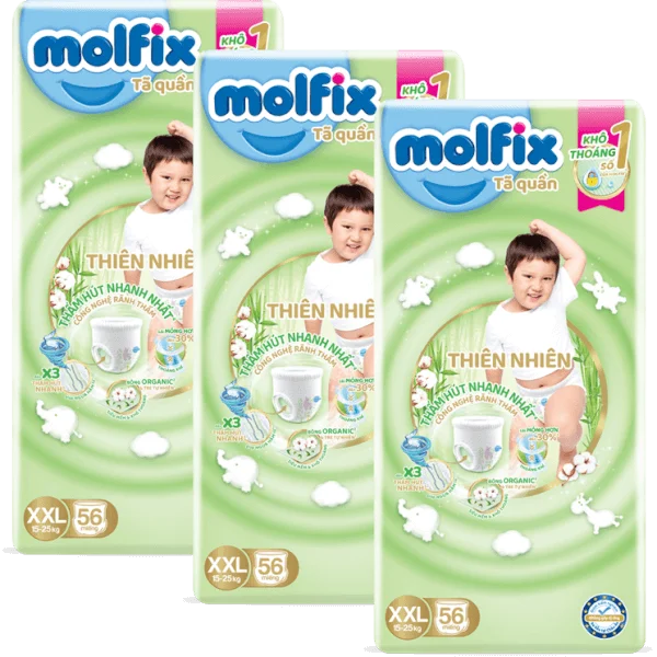 Combo 3 Bỉm tã quần Molfix thiên nhiên (XXL, 15-25kg, 56 miếng) (giao bao bì ngẫu nhiên)
