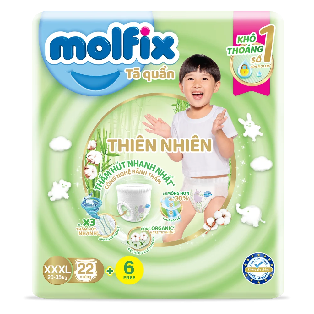 Bỉm tã quần Molfix thiên nhiên (XXXL, 20-35kg, 22 miếng) + 6 miếng