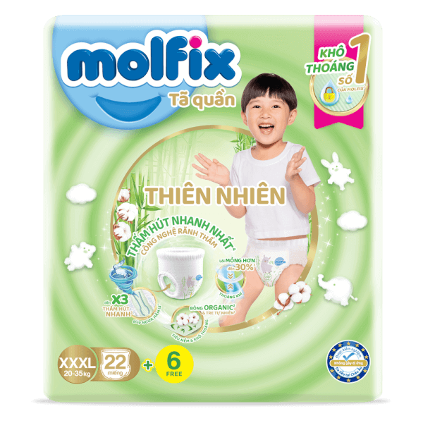Bỉm tã quần Molfix thiên nhiên (XXXL, 20-35kg, 22 miếng) + 6 miếng