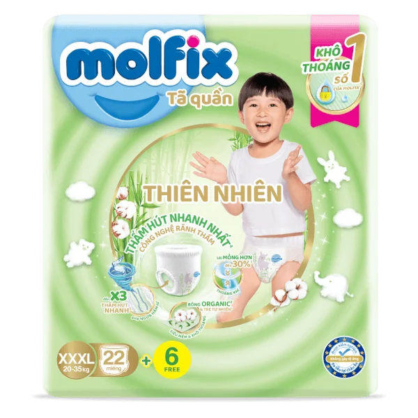 Bỉm tã quần Molfix thiên nhiên (XXXL, 20-35kg, 22 miếng) + 6 miếng