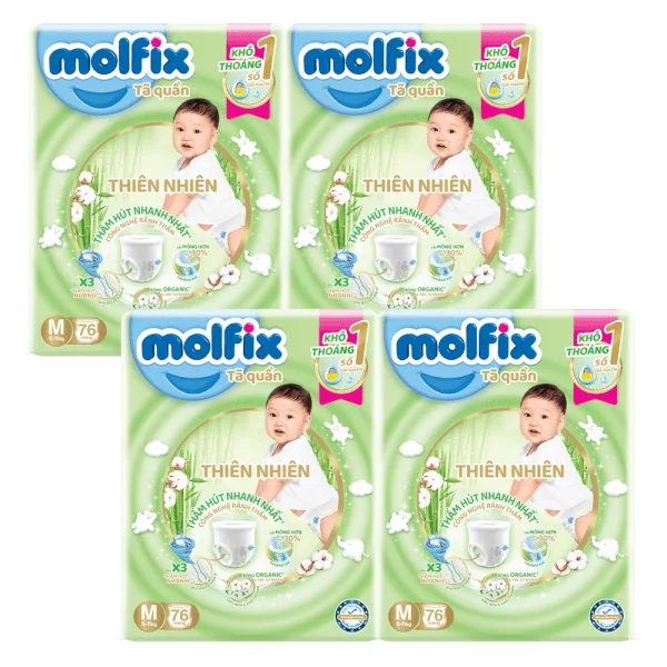 Combo 4 Tã quần Molfix Thiên Nhiên (M, 6 - 11kg, 76 miếng) (giao bao bì ngẫu nhiên)
