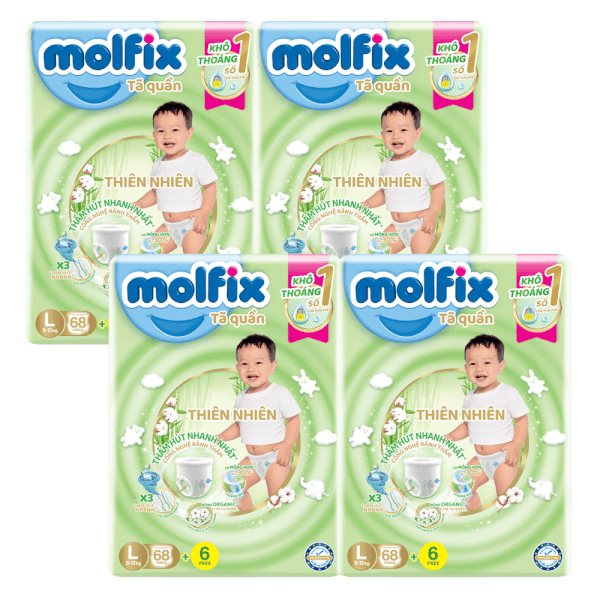 Combo 4 T&atilde; quần Molfix (L, 9 - 13kg, 68 miếng) (giao bao b&igrave; ngẫu nhi&ecirc;n)