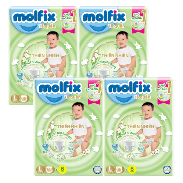 Combo 4 Tã quần Molfix (L, 9 - 13kg, 68 miếng) (giao bao bì ngẫu nhiên)