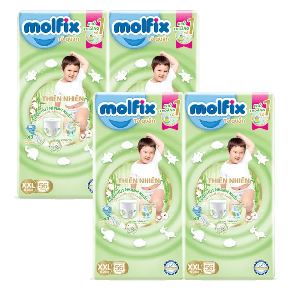 Combo 4 Tã quần Molfix Thiên Nhiên (XXL, 15 - 25kg, 56 miếng) (giao bao bì ngẫu nhiên)