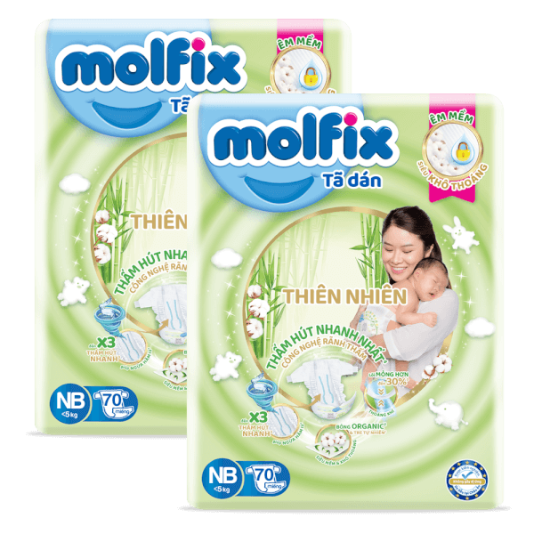 Combo 2 Bỉm tã dán Molfix thiên nhiên (Newborn,< 5kg, 70 miếng) (giao mẫu ngẫu nhiên)