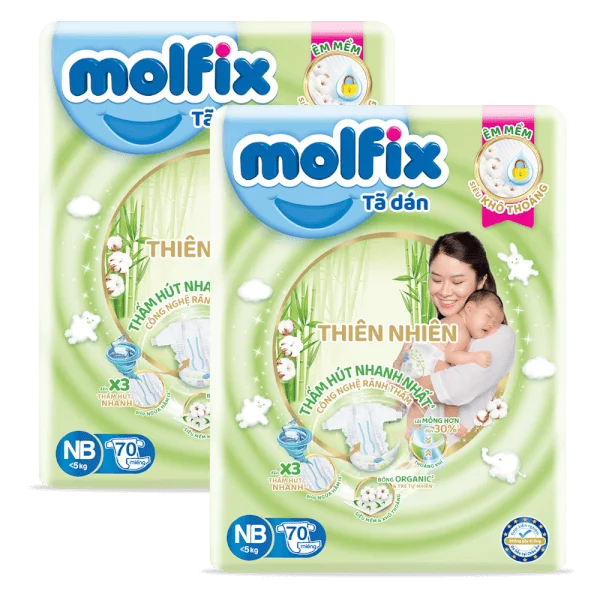Combo 2 Bỉm tã dán Molfix thiên nhiên (Newborn,< 5kg, 70 miếng) (giao mẫu ngẫu nhiên)