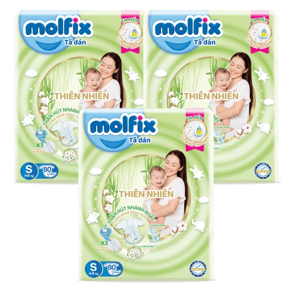 Combo 3 Bỉm tã dán Molfix thiên nhiên (S, 4-8kg, 80 miếng)