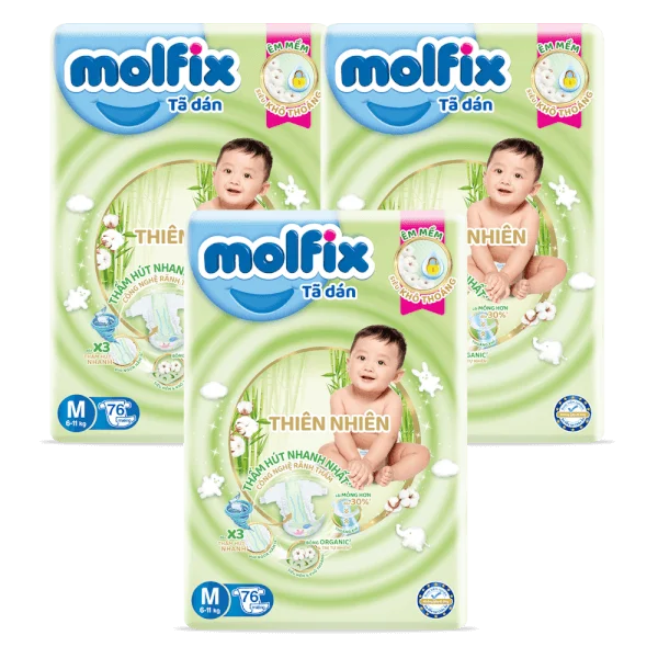 Combo 3 Bỉm tã dán Molfix thiên nhiên (M, 6-11kg, 76 miếng)
