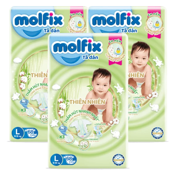 Combo 3 Bỉm tã dán Molfix thiên nhiên (L, 9-13kg, 68 miếng)