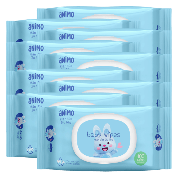 Combo 9 g&oacute;i Khăn Ướt Dịu Nhẹ Animo kh&ocirc;ng m&ugrave;i (100 tờ)