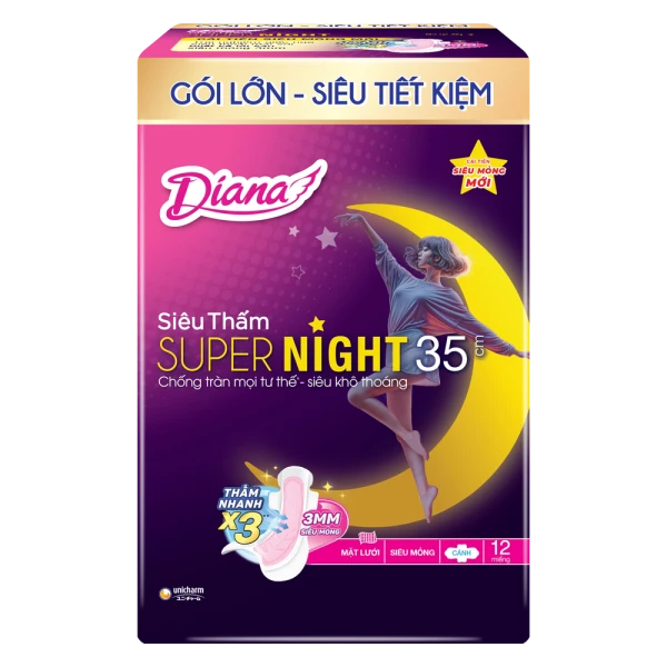 Băng vệ sinh ban đêm Diana siêu thấm Supernight 35cm (12 miếng)