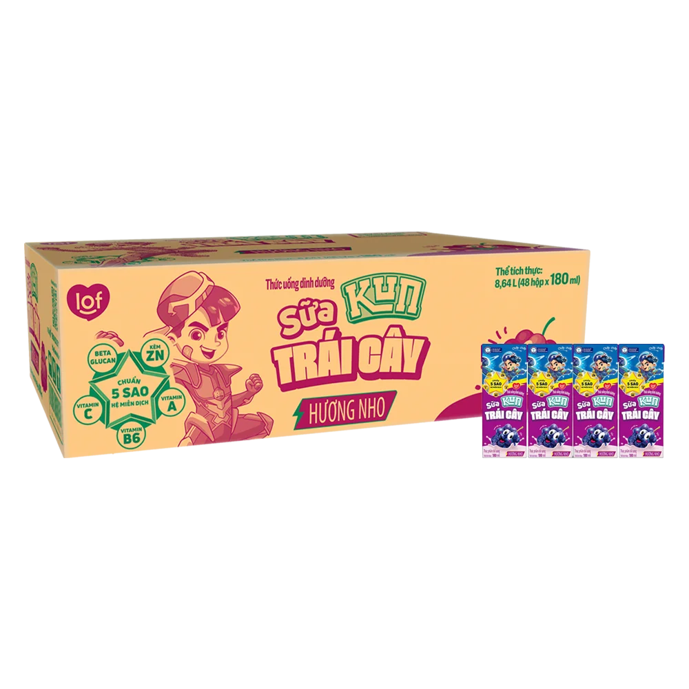 Combo 2 Sữa trái cây Kun hương nho 180ml (lốc 4 hộp)