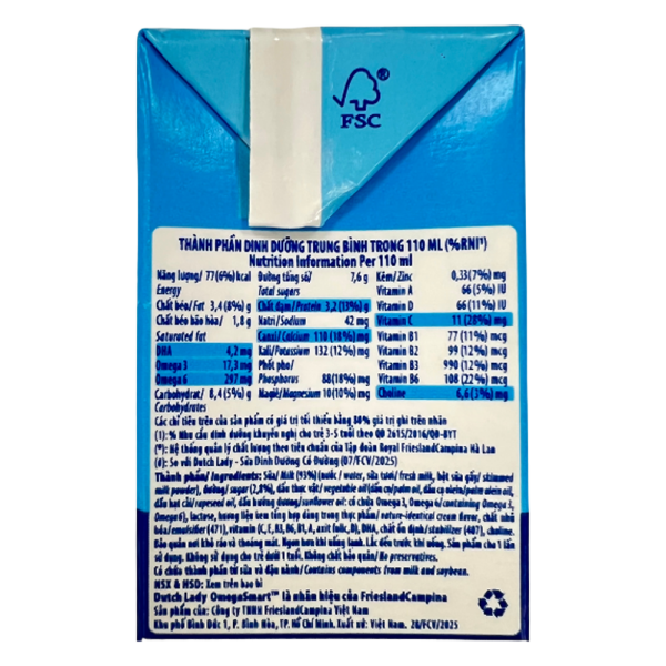 Sữa Dinh Dưỡng Dutch Lady OmegaSmart Ít Đường 110ml (lốc 4 hộp)