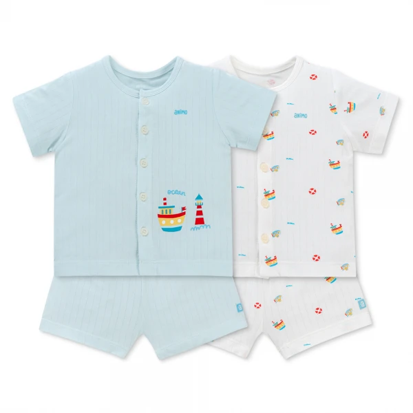 Set 2 bộ kháng khuẩn modal ngắn Animo BMC1125056 (0-24M, Trắng-biển nhạt, NN06)