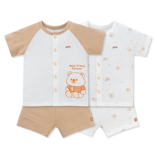 Set 2 bộ rayon chống muỗi ngắn Animo VD1125035 (0-24M, Trắng-nâu, NN06)