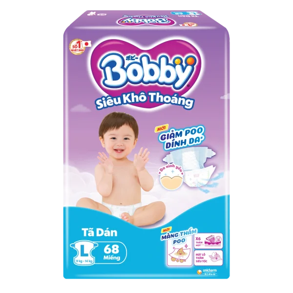 Combo 3 gói Bỉm tã dán Bobby siêu thấm size L, 68 miếng (9-13kg) *giao bao bì ngẫu nhiên