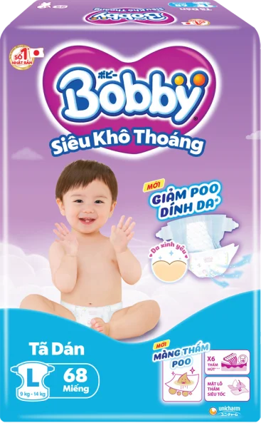 Bỉm tã dán Bobby siêu thấm size L, 68 miếng (9-13kg) *giao bao bì ngẫu nhiên