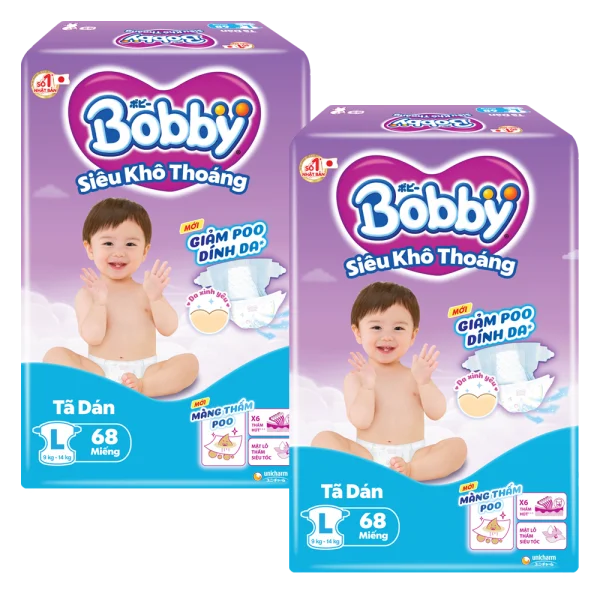 Combo 2 gói Bỉm tã dán Bobby siêu thấm size L, 68 miếng (9-13kg) *giao bao bì ngẫu nhiên