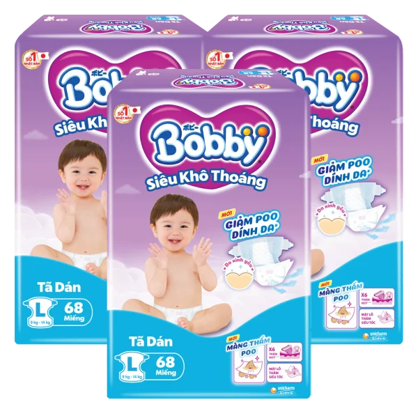 Combo 3 gói Bỉm tã dán Bobby siêu thấm size L, 68 miếng (9-13kg) *giao bao bì ngẫu nhiên