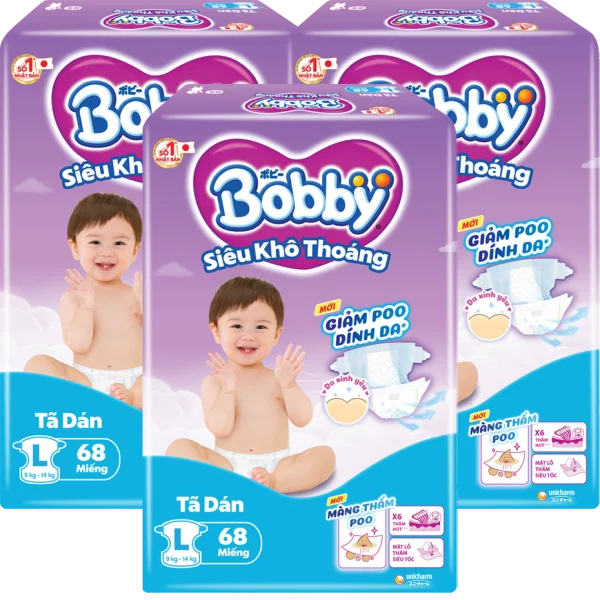 Combo 3 gói Bỉm tã dán Bobby siêu thấm size L, 68 miếng (9-13kg) *giao bao bì ngẫu nhiên