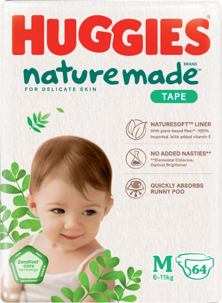 Bỉm tã dán Huggies Platinum Nature Made size M 64 miếng (6-11kg) (giao bao bì ngẫu nhiên)