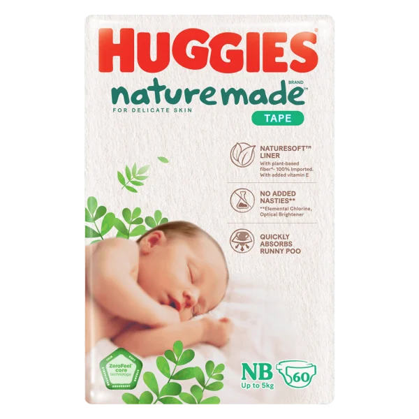Combo 2 bỉm tã dán Huggies Platinum Nature Made size Newborn 60 miếng (dưới 5kg)