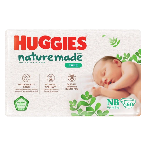 Bỉm tã dán Huggies Platinum Nature Made size Newborn 60 miếng (dưới 5kg) (Giao bao bì ngẫu nhiên)