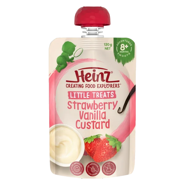 Hỗn hợp nghiền dành cho trẻ 8 tháng tuổi trở lên : Custard Dâu và Vani - Heinz Strawberry & Vanilla custard. *giao ngẫu nhiên