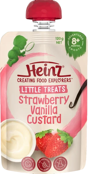 Hỗn hợp nghiền dành cho trẻ 8 tháng tuổi trở lên : Custard Dâu và Vani - Heinz Strawberry & Vanilla custard. *giao ngẫu nhiên