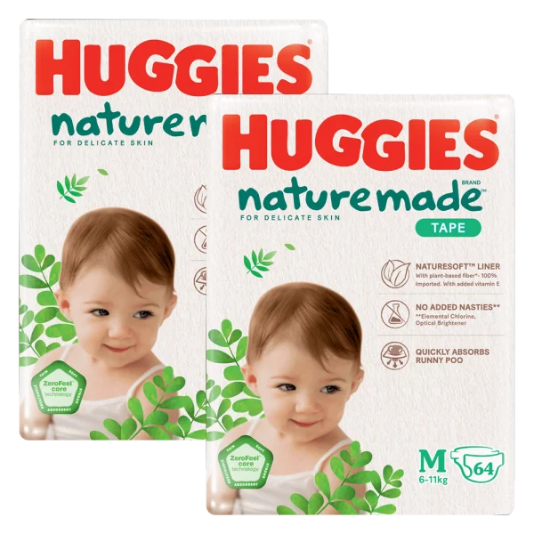 Combo 2 bỉm tã dán Huggies Platinum Nature Made size M 64 miếng (6-11kg)