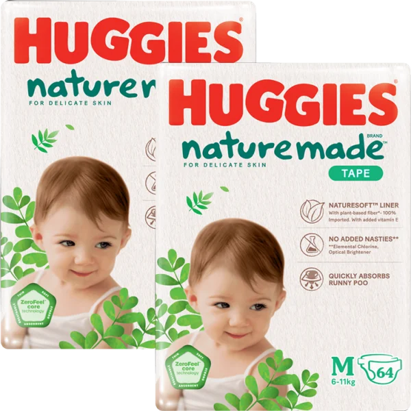 Combo 2 bỉm tã dán Huggies Platinum Nature Made size M 64 miếng (6-11kg)