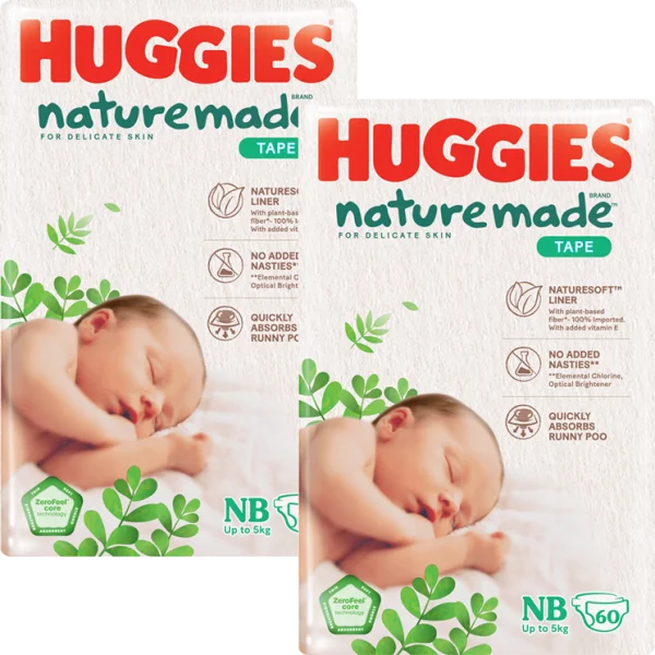 Combo 2 bỉm tã dán Huggies Platinum Nature Made size Newborn 60 miếng (dưới 5kg)