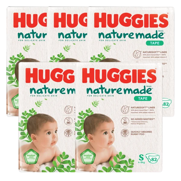 Combo 5 Bỉm tã dán Huggies Platinum Nature Made size S 82 miếng (4-8kg) - Giao bao bì ngẫu nhiên