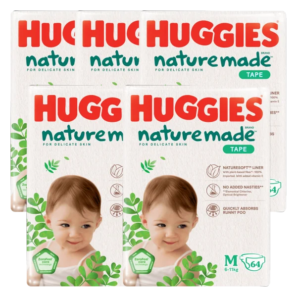 Combo 5 Bỉm tã dán Huggies Platinum Nature Made size M 64 miếng (6-11kg) - Giao bao bì ngẫu nhiên