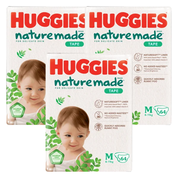 Combo 3 bỉm tã dán Huggies Platinum Nature Made size M 64 miếng (6-11kg) - Giao bao bì ngẫu nhiên