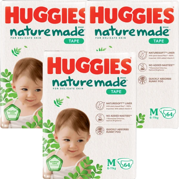 Combo 3 bỉm tã dán Huggies Platinum Nature Made size M 64 miếng (6-11kg) - Giao bao bì ngẫu nhiên