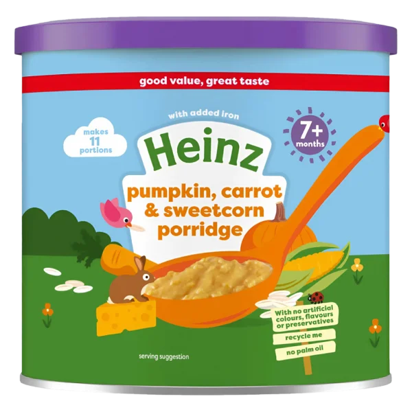 Thức ăn bổ sung dành cho trẻ từ 7 tháng tuổi trở lên: Cháo bí đỏ, cà rốt & bắp ngọt-Heinz pumpkin, carrot & sweetcorn porridge *giao ngẫu nhiên