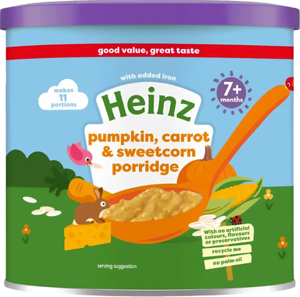 Thức ăn bổ sung dành cho trẻ từ 7 tháng tuổi trở lên: Cháo bí đỏ, cà rốt & bắp ngọt-Heinz pumpkin, carrot & sweetcorn porridge *giao ngẫu nhiên