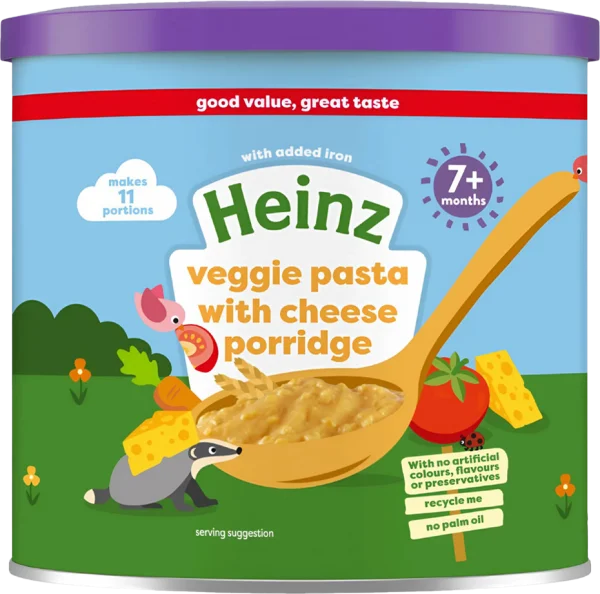 Thức ăn bổ sung dành cho trẻ từ 7 tháng tuổi trở lên: Cháo mì ý rau củ và phô mai-Heinz veggie pasta with cheese porridge * giao ngẫu nhiên