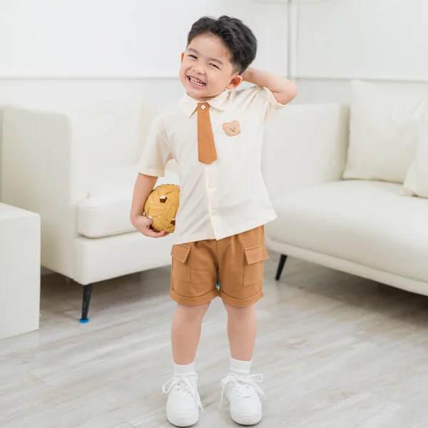 Bộ sơ mi bé trai ngắn cà vạt Animo HN1125009 (1-6Y,Kem-nâu, NN01)