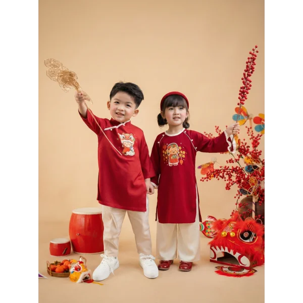 Bộ áo dài Tết bé gái Animo TX0126069 (2-5Y,Đỏ-kem,DD02)