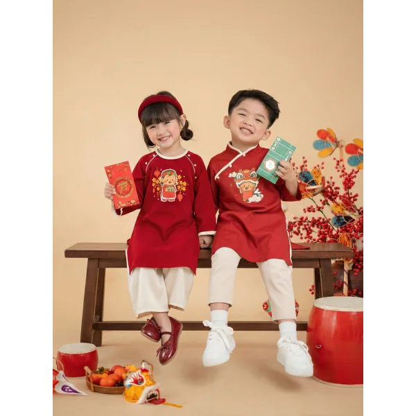 Bộ áo dài Tết bé gái Animo TX0126069 (2-5Y,Đỏ-kem,DD02)